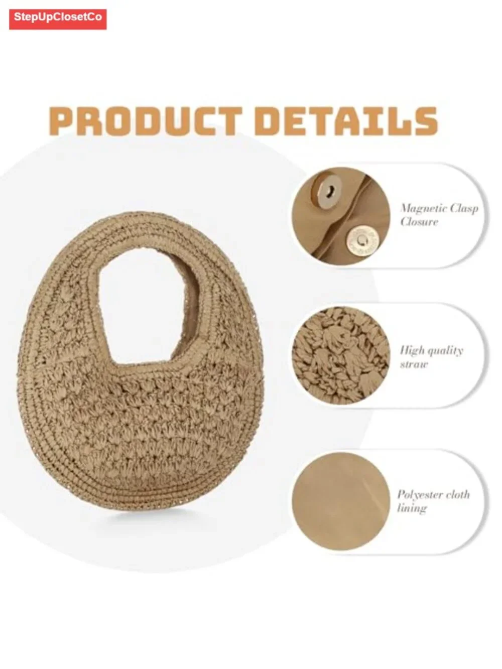 Woven Straw Clutch Bag Crescent Summer Beach Purse Handheld Tote